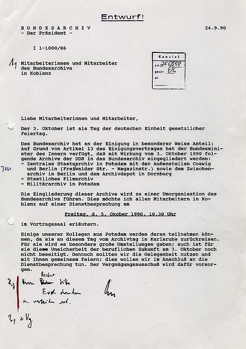 Einladung zur Mitarbeiterversammlung, Entwurf, 1990