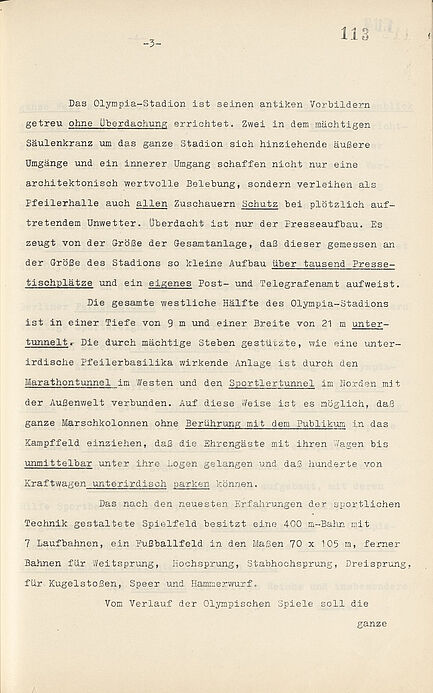 Transkript eines Rundfunkvortrages von Hans Pfundtner, Staatssekretär im Reichsministerium des Innern, zum Olympiastadion und zum „Reichssportfeld“. 