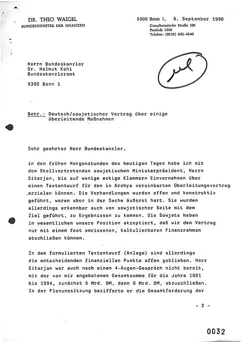 Information an Bundeskanzler Helmut Kohl zu den Deutsch-Sowjetischen Verhandlungen bezüglich des Einigungsvertrags, Bonn 6. September 1990