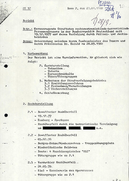 Der Bericht listet die auffäligsten Straftaten und terroristischen Attacken mit rechtsextremen Hintergrund auf, die zwischen 1977 und 1980 passiert sind.