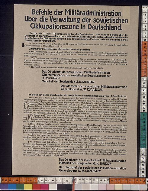 Bild eines Befehls der Militäradministration über die Verwaltung der sowjetischen Okkupationszone in Deutschland; Juni 1945