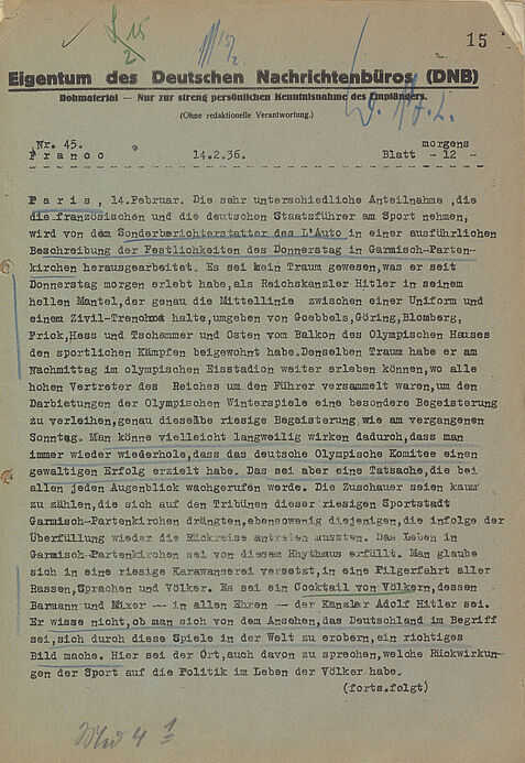 Zusammenfassung des Deutschen Nachrichtenbüros zur Berichterstattung über die Olympischen Winterspiele 1936 der französischen Sporttageszeitung „L’Auto“