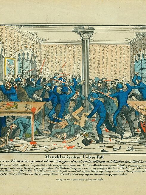 Überfall Württembergischer Soldaten auf eine Bürgerversammlung, Ulm, 27. Juni 1848 Bild des Überfalls Württembergischer Soldaten auf eine Bürgerversammlung, Ulm, 27. Juni 1848