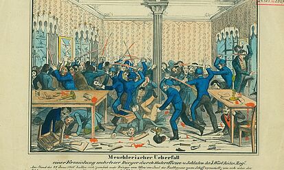 Bild des Überfalls Württembergischer Soldaten auf eine Bürgerversammlung, Ulm, 27. Juni 1848
