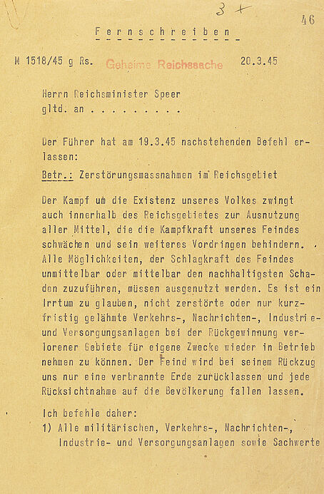 Erste Seite eines zweiseitigen Fernschreibens in Maschinenschrift mit Stempel „Geheime Reichssache“