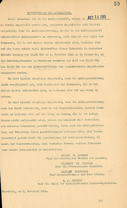 Auszug aus der Anklageerhebung gegen die NS-Hauptkriegsverbrecher im Nürnberger Prozess.