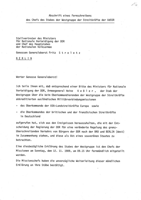 Schreiben des Ministers für Nationale Verteidigung Heinz Keßler an Egon Krenz vom 13. November 1989 zum Fernschreiben (Abschrift) des Chefs des Stabes der Westgruppe der Streitkräfte der UdSSR Generalleutnant Walerij Fursin, Seite 2
