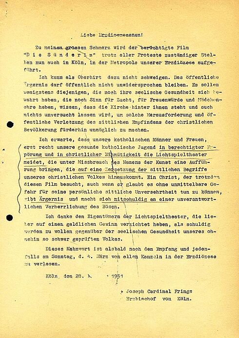 Hirtenbrief des Kölner Erzbischofs Frings zur Freigabe des Films „Die Sünderin“ mit Hildegard Knef, 28. Februar 1951 Maschinengeschriebenes Dokument mit händisch markierten und unterstrichenen Textpassagen