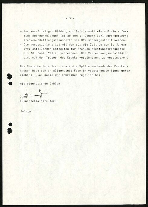 Dritte Seite eines Schreibens zur Finanziellen Sicherstellung des Rettungsdienstes in den neuen Bundesländern, 1990