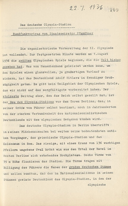 Transkript eines Rundfunkvortrages von Hans Pfundtner, Staatssekretär im Reichsministerium des Innern, zum Olympiastadion und zum „Reichssportfeld“