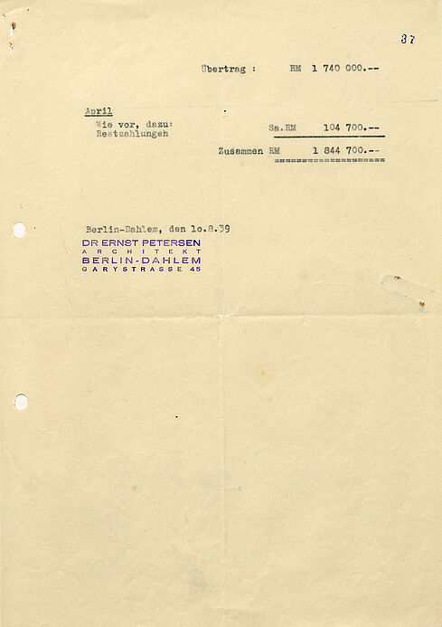 „Finanzierungsplan für die Bauten der Leni Riefenstahl-Film-Gesellschaft in Berlin-Dahlem“