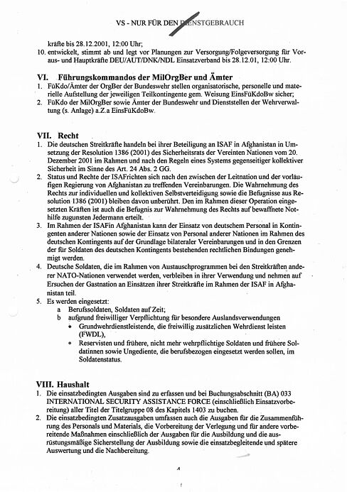 Dokument in Maschinenschrift mit alphanumerisch gekennzeichneten Abschnitten und Aufzählungen