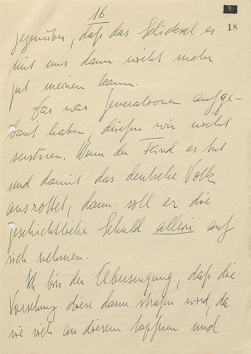 Sechzehnte Seite eines 21-seitigen Briefes in Handschrift auf unliniertem Papier mit einem unterstrichenen Wort