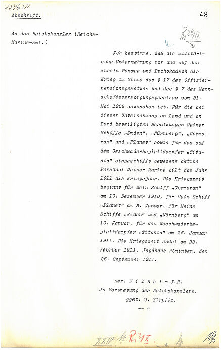 Schreiben von Kaiser Wilhelm II. an Reichskanzler, 26. September 1911 (Abschrift)