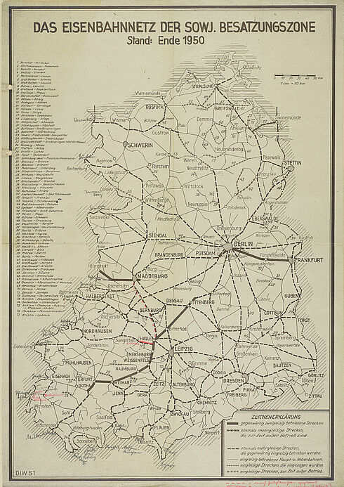 Karte des Eisenbahnnetzes in der sowjetischen Besatzungszone 1950
