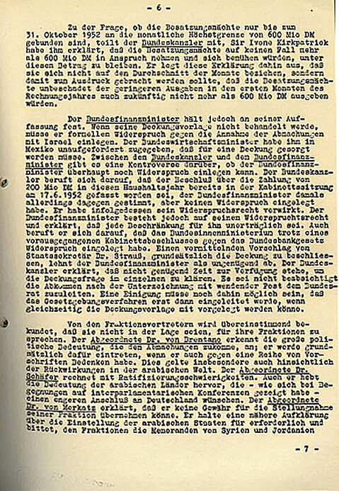 maschinengeschriebener Text mit Absätzen sowie unterstrichenen Namen und politischen Amtsbezeichnungen