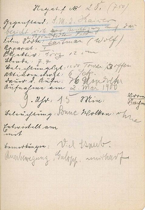 Handschriftliche Filmbeschreibung einer Aufnahme mit Kaiser Wilhelm II.