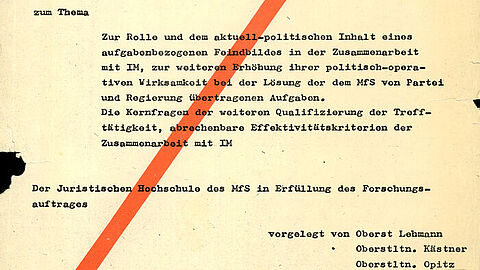 Deckblatt der Dissertation Dissertation "Zur Rolle und dem aktuell-politischen Inhalt eines aufgabenbezogenen Feindbildes in der Zusammenarbeit mit IM" u.a. von Willi Opitz
