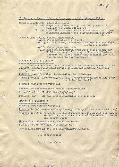 Protokoll der zweiten Arbeitssitzung des Preisgerichts für die Bildenden Künste beim Kunstwettbewerb der Olympischen Sommerspiele 1936 in Berlin