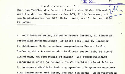 Minutes of the conversation between Erich Honecker and Helmut Kohl on February 13, 1984