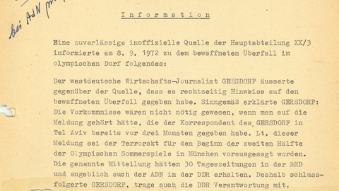 Information - Hinweise zu dem bewaffneten Überfall im olympischen Dorf