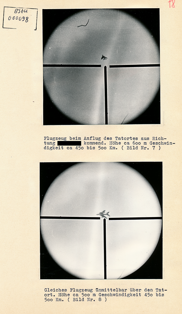 Zwei Fotos, auf denen Düsenjäger im Fadenkreuz einer Waffe zu sehen sind. Unter den Fotos stehen Infos zur Höhe und Geschwindigkeit der Flugzeuge sowie Bildnummern.