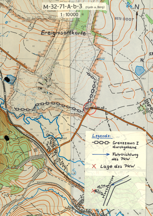 "Ereignisortkarte" der Stasi mit genauen Eintragungen zum Unfallhergang und zur Lage des Unfallwagens im Grenzgebiet. Der Unfallort lag unmittelbar an der damaligen innerdeutschen Grenze. 