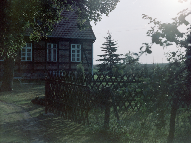 [Blick von der Auffahrt auf Hausecke und begrüntes Grundstück. Im vorderen Bildgrund des Farbfotos ist ein Jägerzaun zu sehen.]