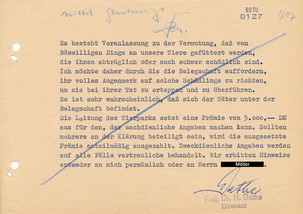 Aufruf Heinrich Dathes zur Mithilfe bei der Identifizierung der mutmaßlichen Mörder von Elefant "Hannibal" mit MfS-Vermerk "nicht genehmigt".