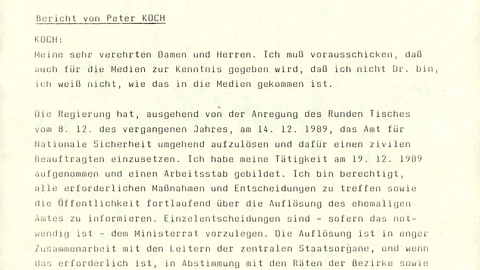 Bericht des Regierungsbeauftragten Peter Koch am Zentralen Runden Tisch