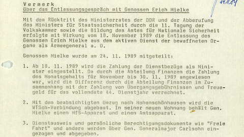 Vermerk über das Entlassungsgespräch von Erich Mielke