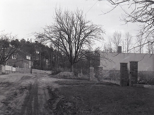 [Die schwarz-weiße Fotografie wurde durch die Windschutzscheibe eines Fahrzeuges geschossen. Links führt eine unbefestigte Straße entlang zu einem Doppelhaus. Auf der rechten Seite befindet sich ein Seitenstreifen mit einigen Bäumen und ein kleines Gebäude. Bei dem Gebäude könnte es sich um das Haus auf Bild-023 handeln. Im Hintergrund ist ein Wald zu erkennen.]