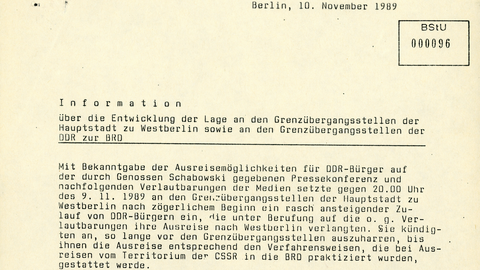 Information über die Lage an der Grenze in Ost-Berlin am Abend des Mauerfalls