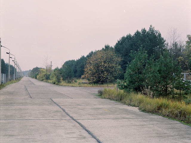Das bild zeigt eine aus Betonplatten errichtete Straße. Links davon befindet sich ein Zaun mit aufgereihten Straßenlampen. Rechts davon befindet sich Vegetation.