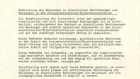 Weisung des Ministers zur Aktenreduzierung in den Kreis- und Objektdienststellen