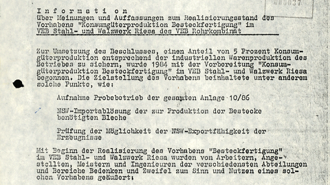 Information zur "Konsumgüterproduktion Besteckfertigung" im VEB Stahl- und Walzwerk Riesa des VEB Rohrkombinat