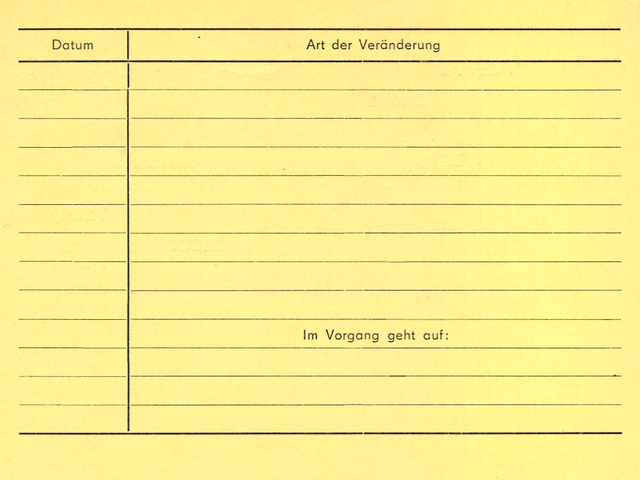 [Die Rückseite des "Formblatts 22" ist mit einer Tabelle für Eintragungen der Veränderungen innerhalb eines Vorgangs vorgesehen. Auch für Angaben zu anderen oder früheren Unterlagen, die im Vorgang aufgehen, ist hier Platz gelassen. Die jeweiligen Eintragungen sind mit Datum zu versehen.]