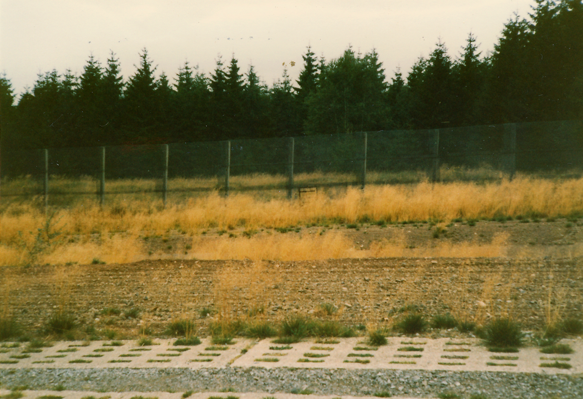 Vom Fahrweg der Grenzsicherungsanlagen aus aufgenommenes Foto eines kleinen Gitters unten im Grenzzaun. Dieses unscheinbare wird durch die hohen Gräser fast verdeckt und erst auf den zweiten Blick wahrgenommen.