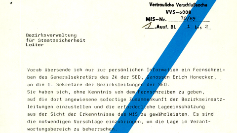 [Stempel: 103625]  Ministerrat der Deutschen Demokratischen Republik Ministerium für Staatssicherheit Der Minister  Berlin, 08.10.1989  Vertrauliche Verschlußsache VVS-o008 MfS-Nr. 70/89 [handschriftliche Ergänzung: 1.] Ausf. Bl. 1 bis 2  Bezirksverwaltung für Staatssicherheit Leiter  Vorab übersende ich nur zur persönlichen Information ein Fernschreiben des Generalsekretärs des ZK der SED, Genossen Erich Honecker, an die 1. Sekretäre der Bezirksleitungen der SED. Sie haben sich, ohne Kenntnis von dem Fernschreiben zu geben, auf die dort angewiesene sofortige Zusammenkunft der Berzirkseinsatzleitungen einzustellen und die erforderliche Lageeinschätzung aus der Sicht der Erkenntnisse der MfS zu gewährleisten. Es sind die notwendigen Vorschläge einzubringen, um die Lage im Verantwortungsbereich zu beherrschen.  Weitere Weisungen folgen.  [Unterschrift: Mielke] Armeegeneral  Anlage