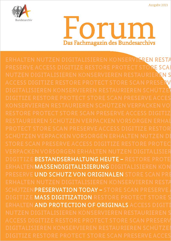 Cover des Fachmagazins „Forum“ zum Thema „Bestandserhaltung heute – Massendigitalisierung und Schutz von Originalen“ (2023)